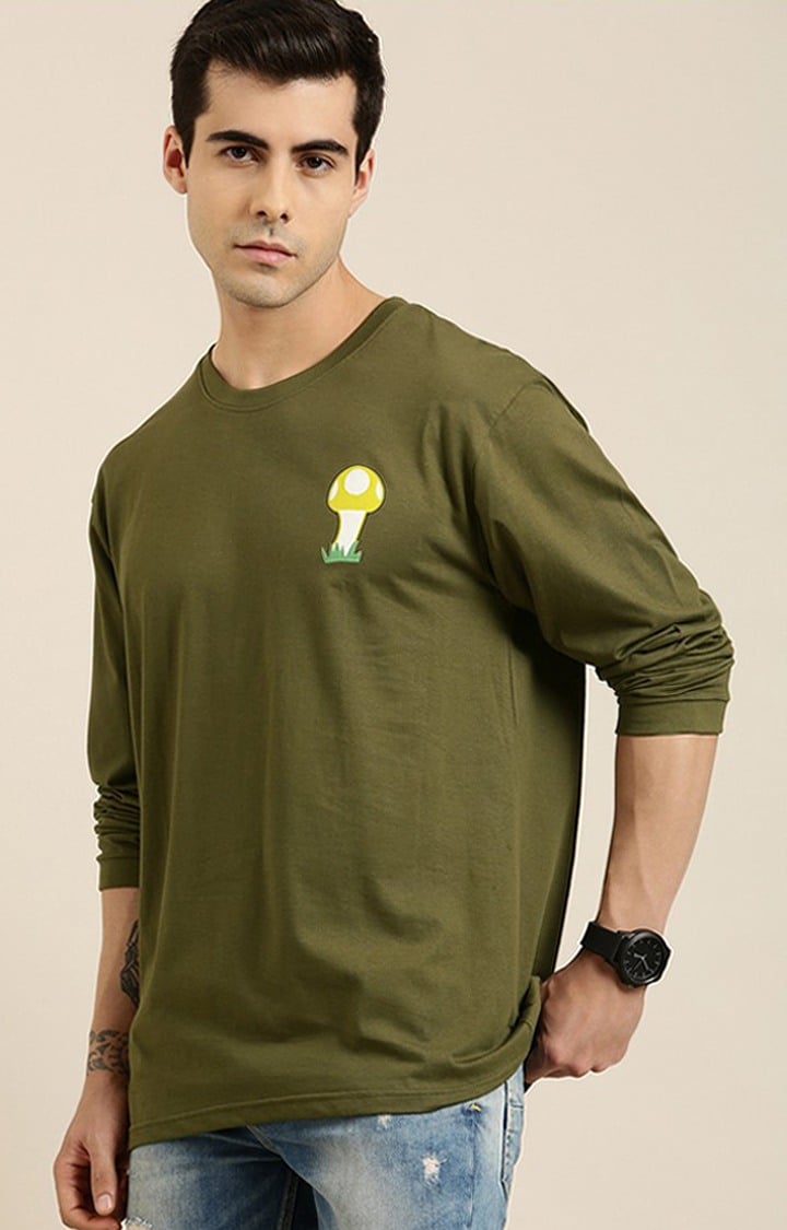 Men's Olive Cotton Graphic Printed Sweatshirt