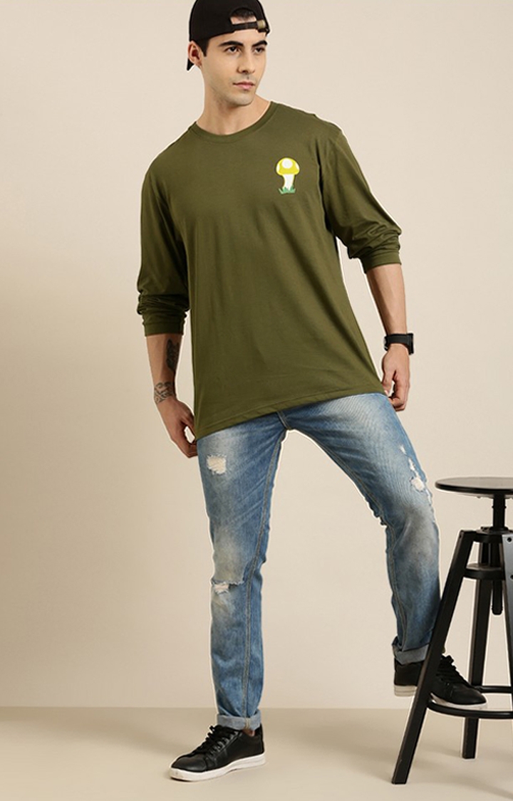 Men's Olive Cotton Graphic Printed Sweatshirt