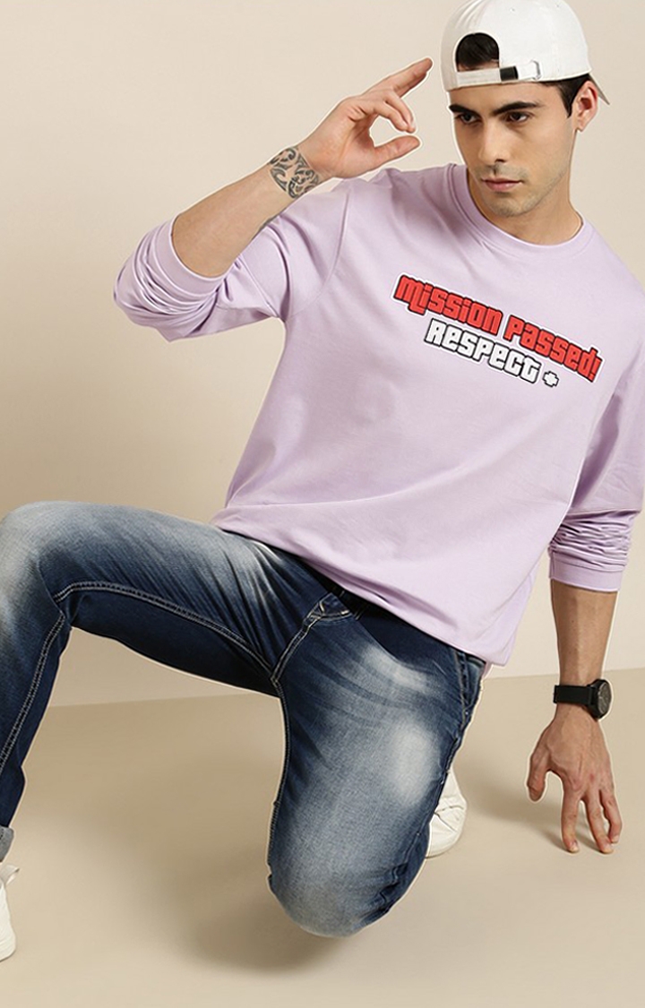 Men's Lavender Cotton Typographic Printed Sweatshirt