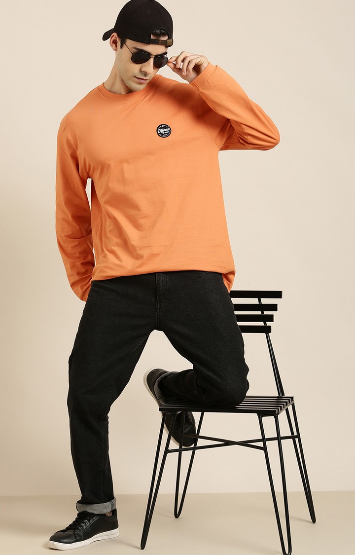 Men's Orange Cotton Typographic Printed Sweatshirt