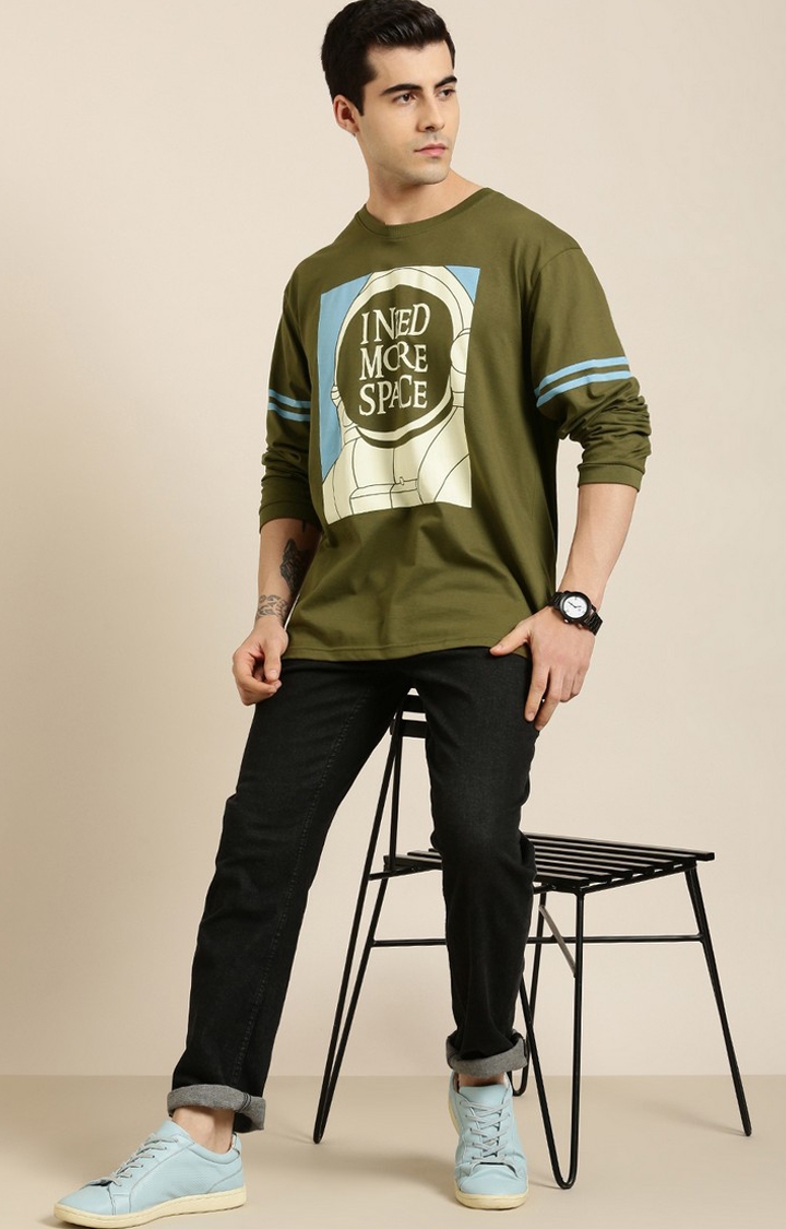 Men's Olive Cotton Typographic Printed Sweatshirt