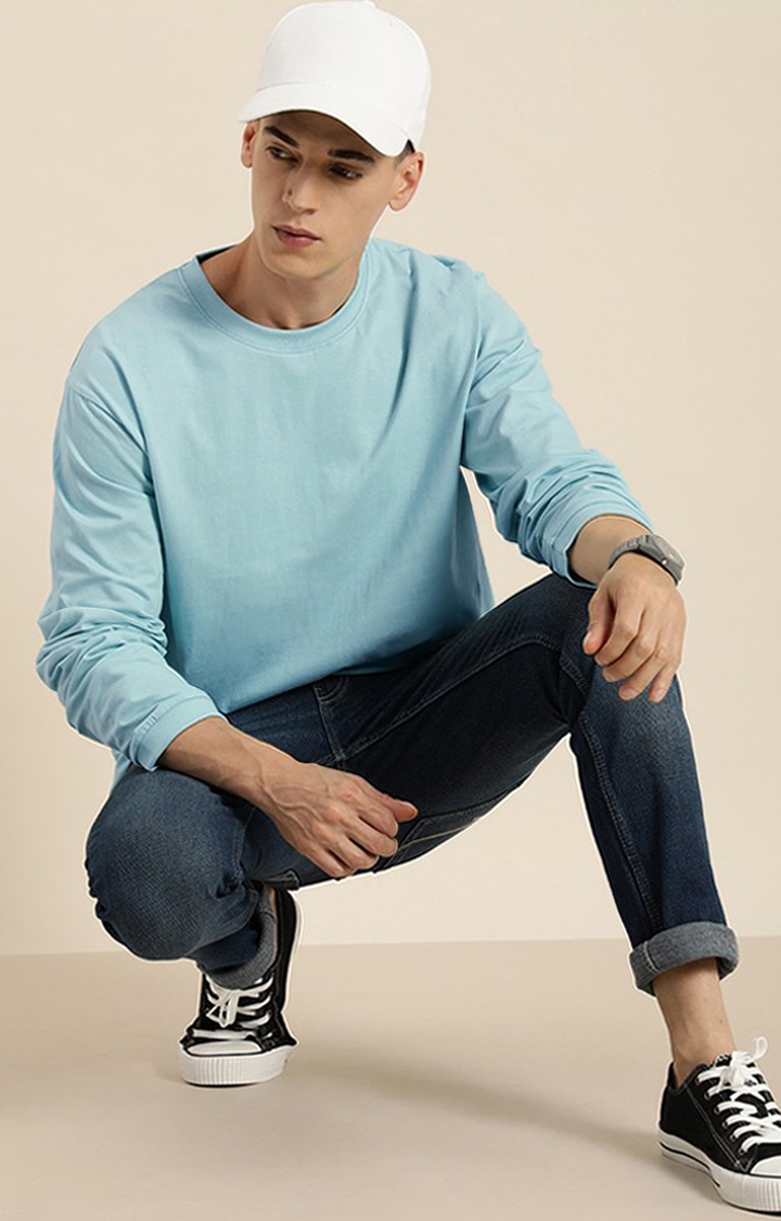 Men's Blue Cotton Solid Sweatshirt
