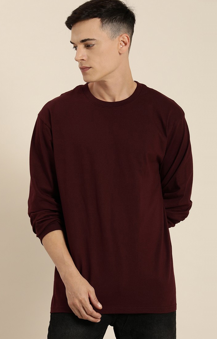 Men's Wine Cotton Solid Sweatshirt