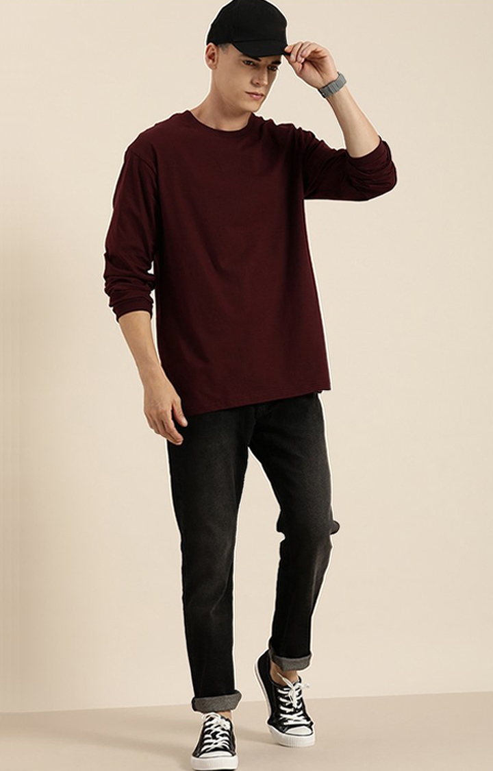 Men's Wine Cotton Solid Sweatshirt