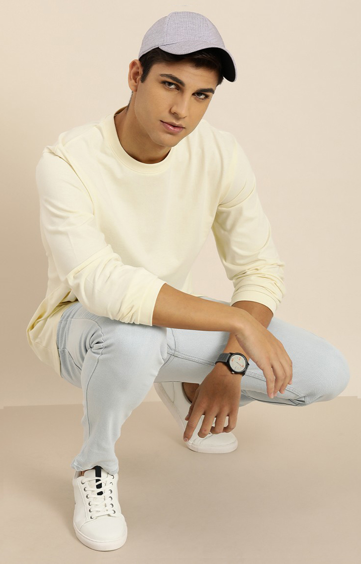Men's Off White Cotton Solid Sweatshirt