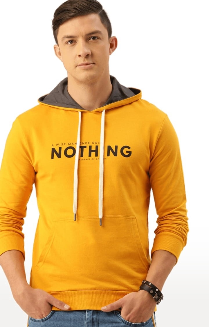 Difference of Opinion | Men's Yellow Cotton Typographic Printed Hoodie 0