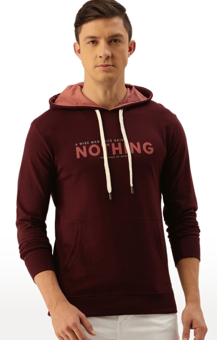 Difference of Opinion | Men's Maroon Cotton Typographic Printed Hoodie 0