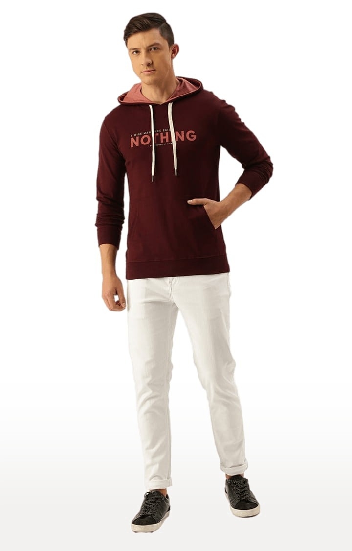 Difference of Opinion | Men's Maroon Cotton Typographic Printed Hoodie 1