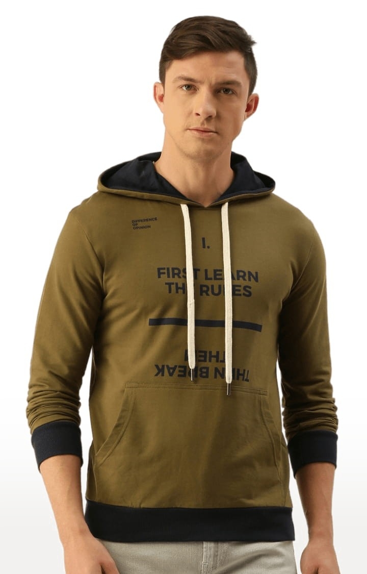 Difference of Opinion | Men's Green Cotton Typographic Printed Hoodie 0