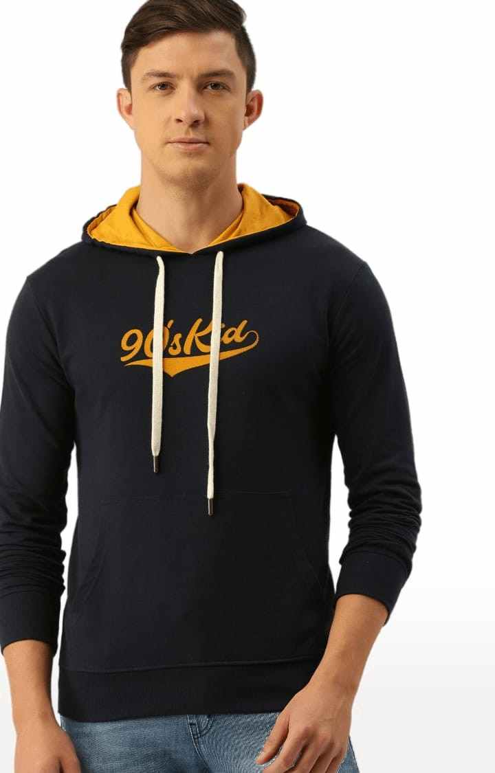 Difference of Opinion | Men's Navy Blue Cotton Typographic Printed Hoodie 0