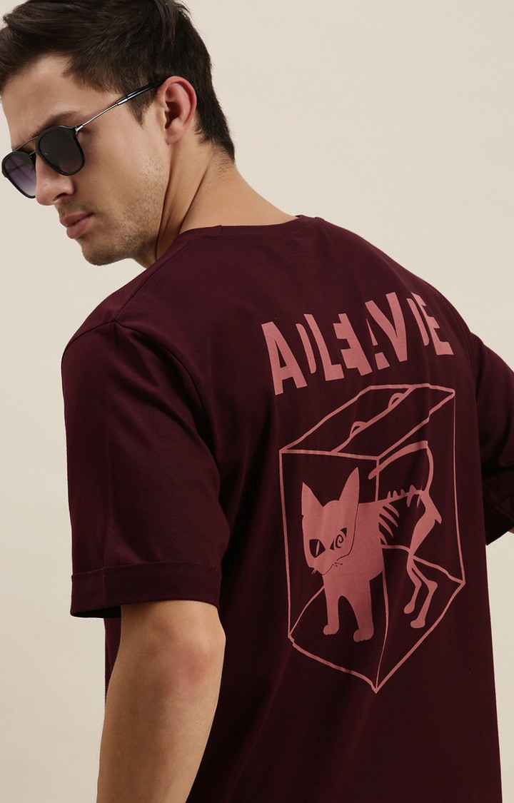 Difference of Opinion | Men's Maroon Cotton Typographic Printed Oversized T-Shirt