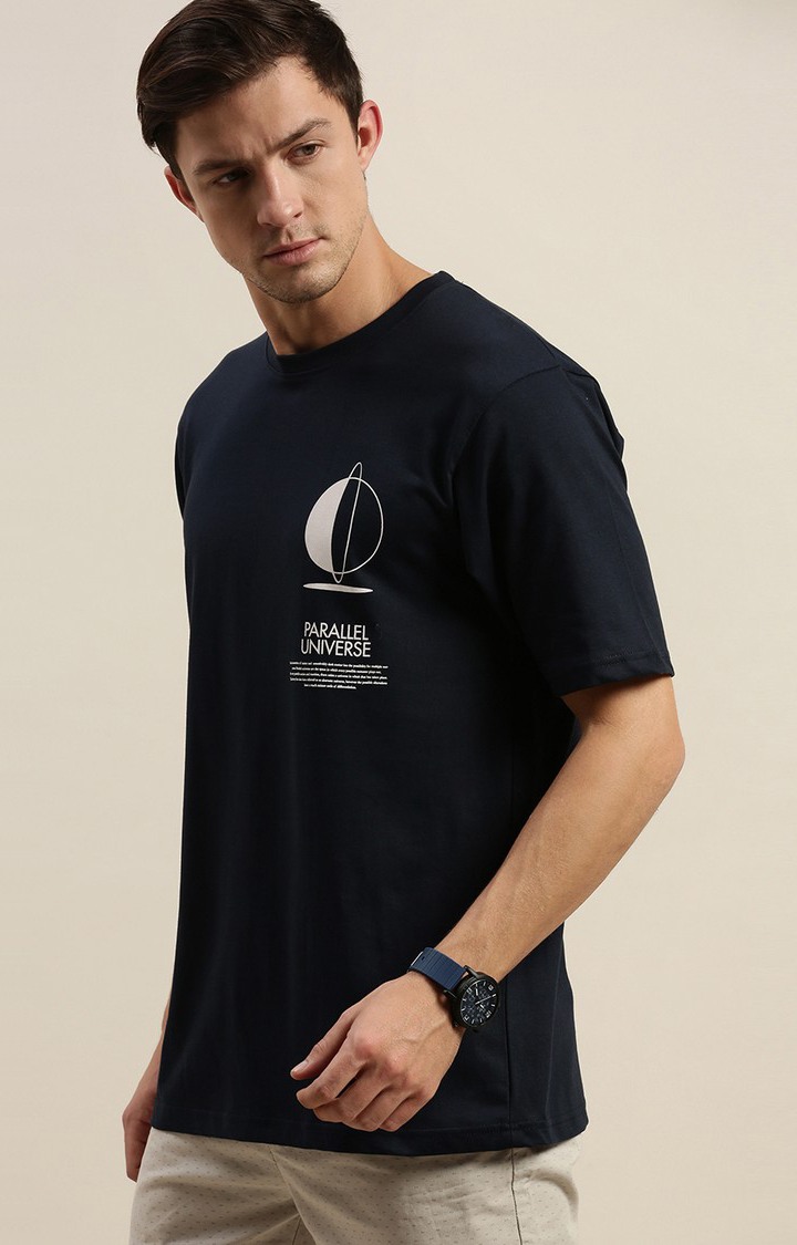 Men's Blue Cotton Printed Regular T-Shirt