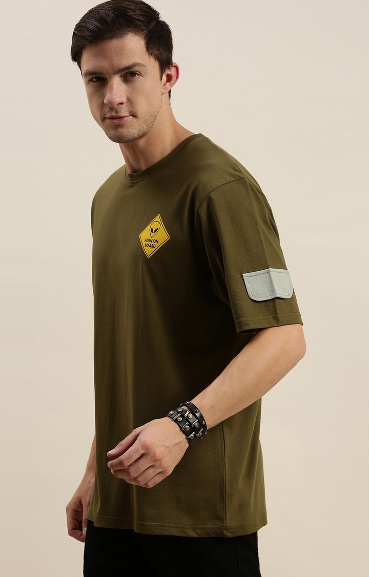 Difference of Opinion | Men's Olive Cotton Graphic Printed Oversized T-Shirt 3