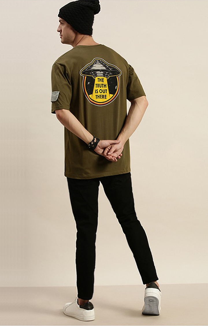 Difference of Opinion | Men's Olive Cotton Graphic Printed Oversized T-Shirt 1