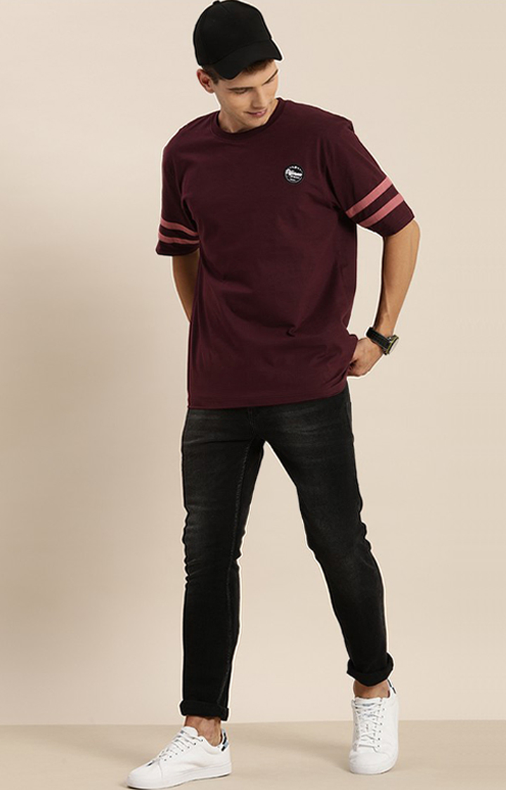 Men's Maroon Cotton Solid Oversized T-Shirt