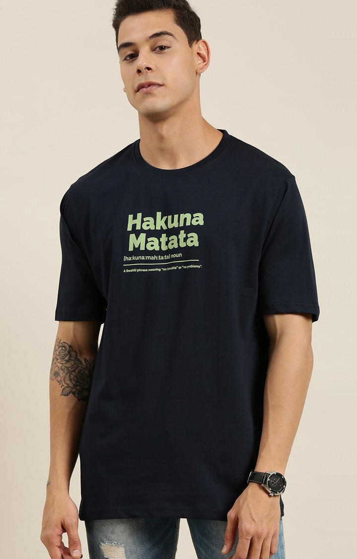 Difference of Opinion | Men's Navy Cotton Typographic Printed Oversized T-Shirt