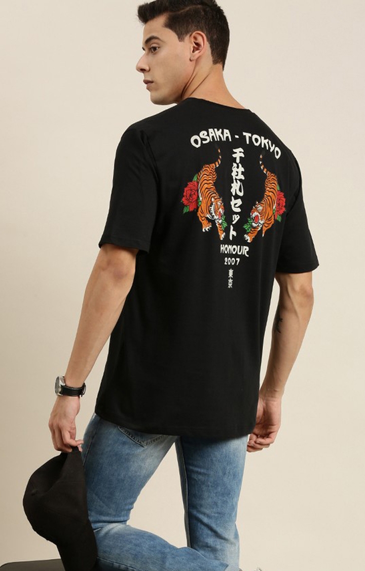Men's Black Cotton Graphic Printed Oversized T-Shirt