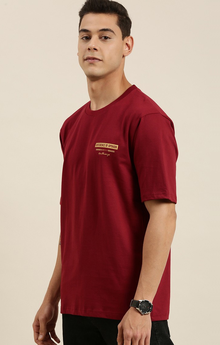 Men's Maroon Cotton Typographic Printed Oversized T-Shirt