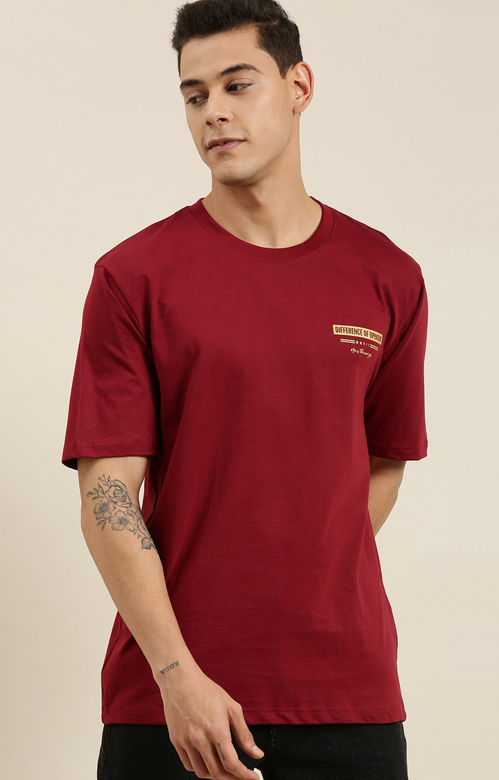 Men's Maroon Cotton Typographic Printed Oversized T-Shirt