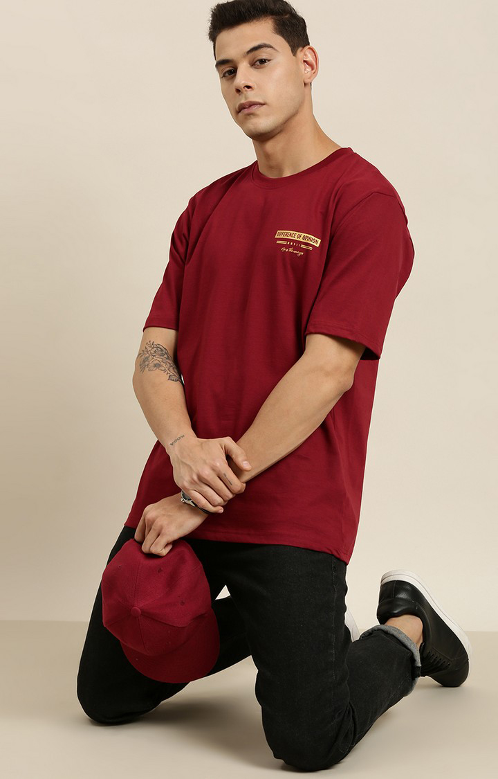 Men's Maroon Cotton Typographic Printed Oversized T-Shirt