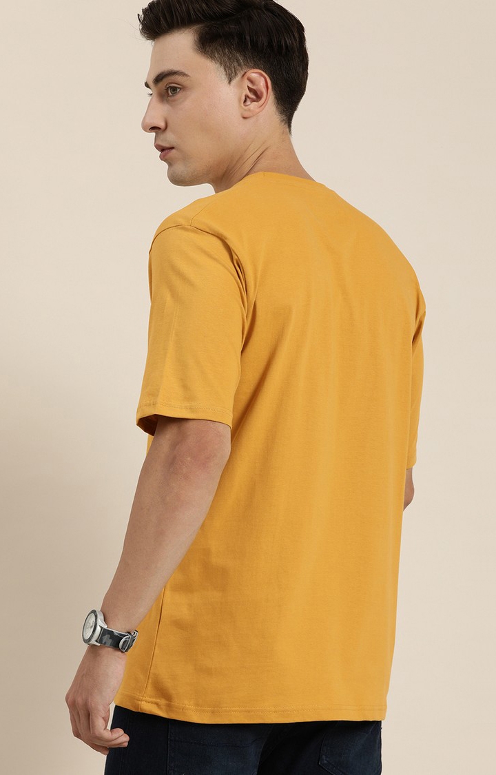Men's Yellow Cotton Typographic Printed Oversized T-Shirt