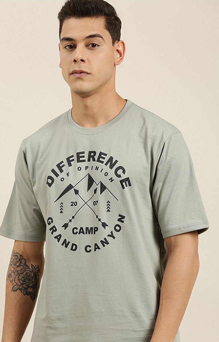 Men's Grey Cotton Typographic Printed Oversized T-Shirt