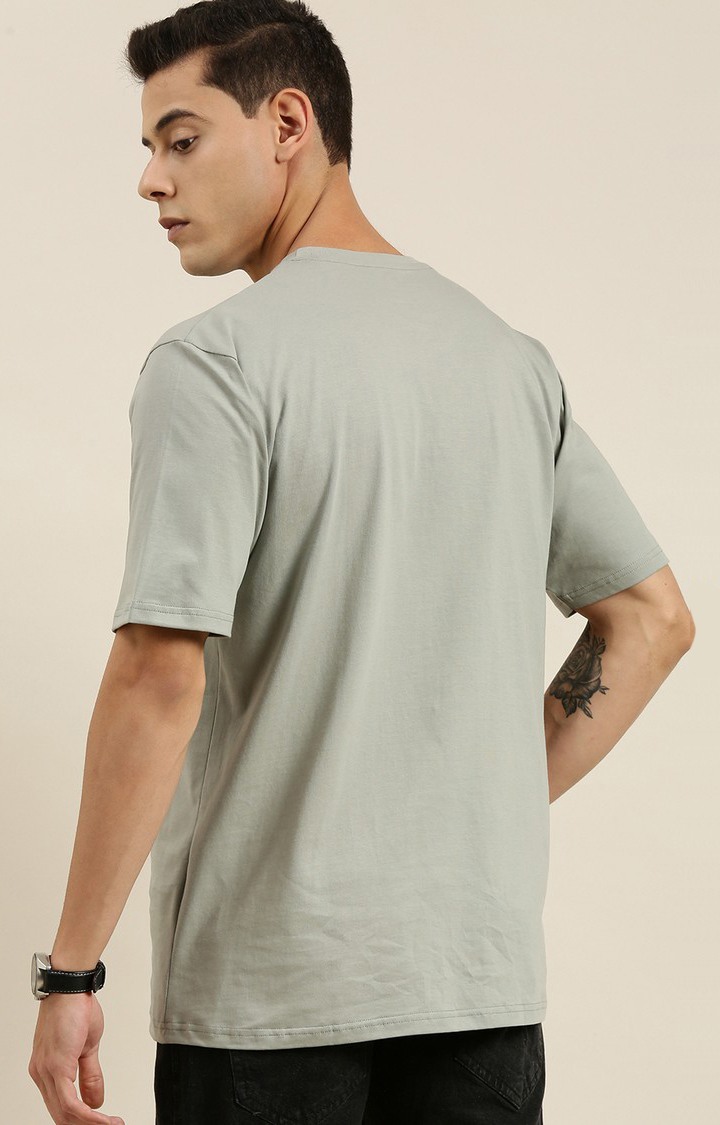Men's Grey Cotton Typographic Printed Oversized T-Shirt