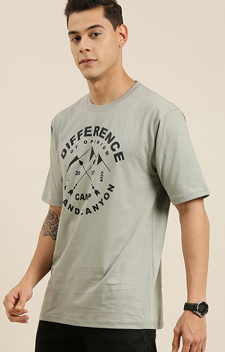 Men's Grey Cotton Typographic Printed Oversized T-Shirt