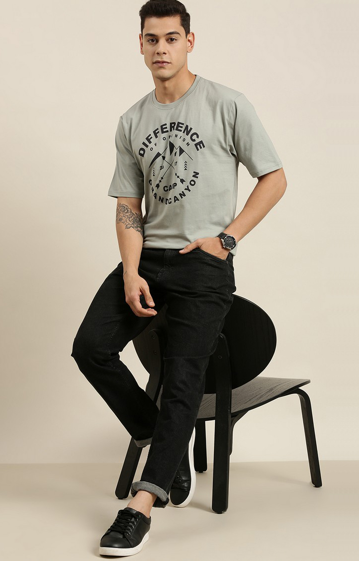 Men's Grey Cotton Typographic Printed Oversized T-Shirt