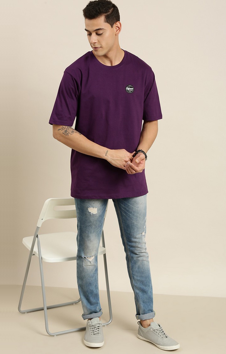 Men's Purple Cotton Typographic Printed Oversized T-Shirt