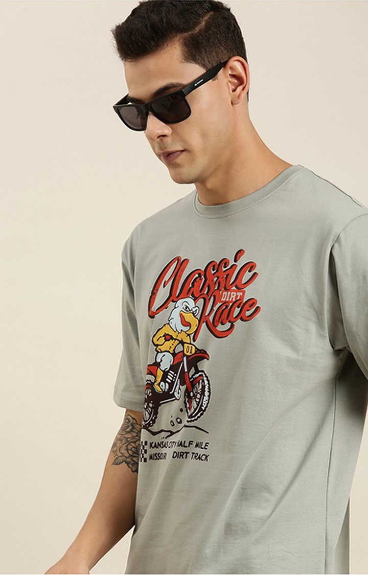 Men's Grey Cotton Typographic Printed Oversized T-Shirt