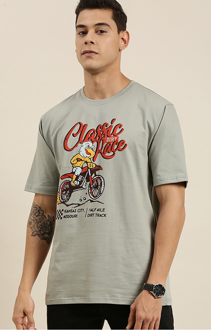 Men's Grey Cotton Typographic Printed Oversized T-Shirt