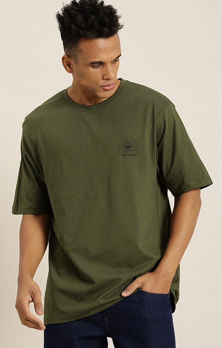 Men's Olive Cotton Graphic Printed Oversized T-Shirt