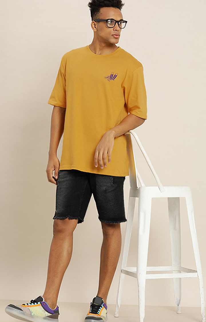 Men's Yellow Cotton Typographic Printed Oversized T-Shirt