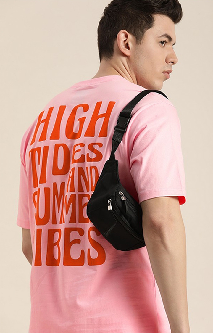 Men's Pink Cotton Typographic Printed Oversized T-Shirt