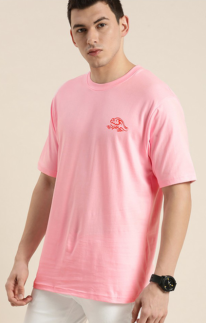 Men's Pink Cotton Typographic Printed Oversized T-Shirt