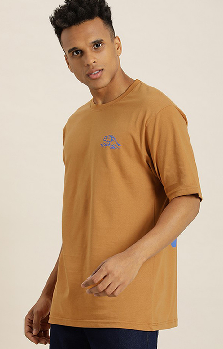 Men's Brown Cotton Typographic Printed Oversized T-Shirt