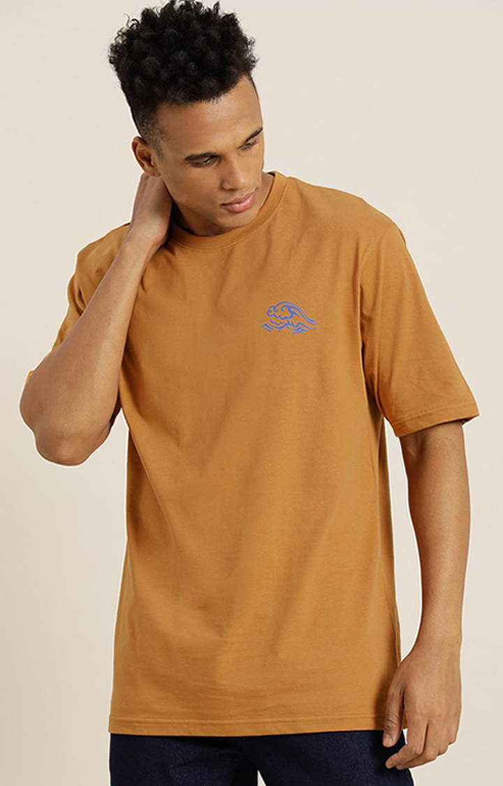 Men's Brown Cotton Typographic Printed Oversized T-Shirt