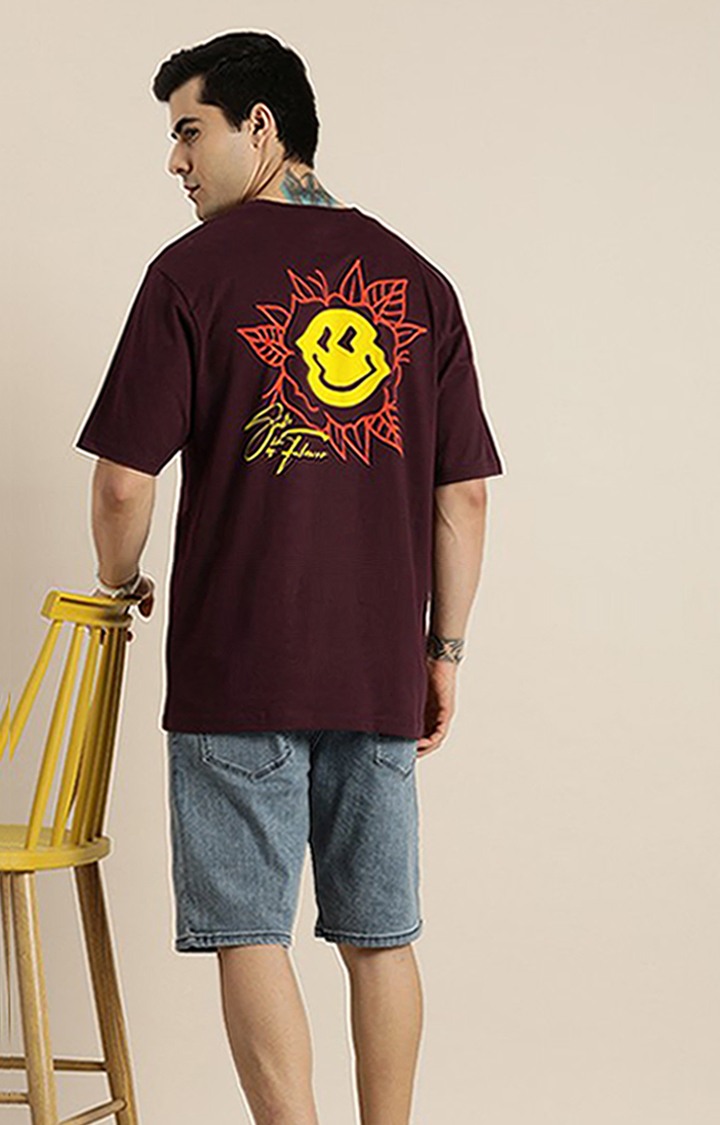 Men's Maroon Cotton Printed Oversized T-Shirt