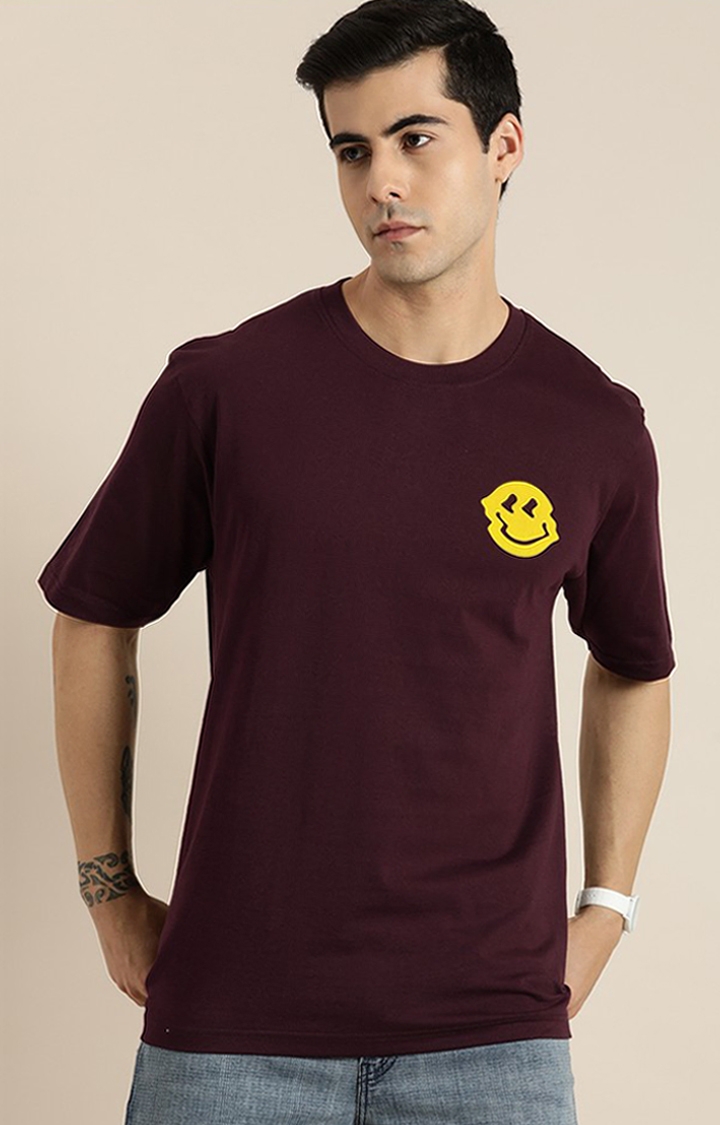Men's Maroon Cotton Printed Oversized T-Shirt