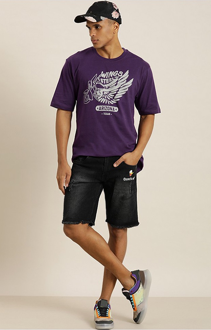 Men's Purple Cotton Graphic Printed Oversized T-Shirt