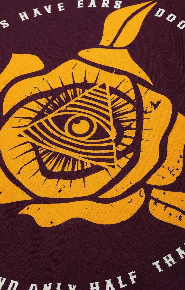 Men's Wine Cotton Graphic Printed Oversized T-Shirt