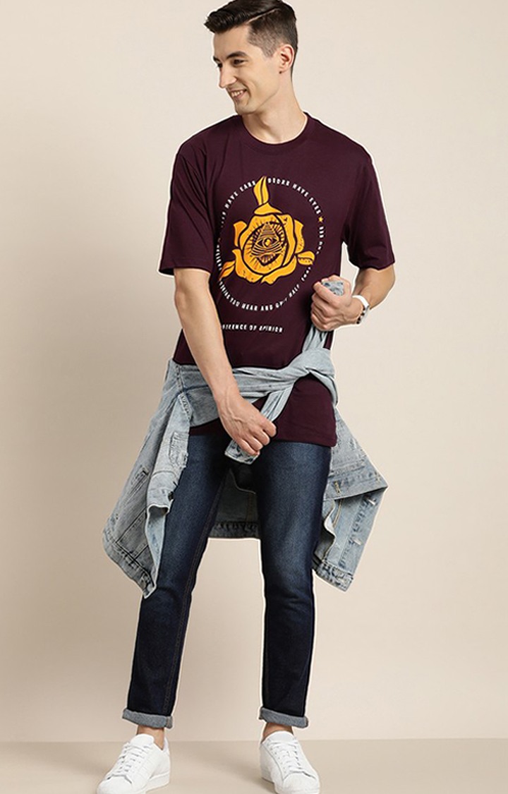 Men's Wine Cotton Graphic Printed Oversized T-Shirt