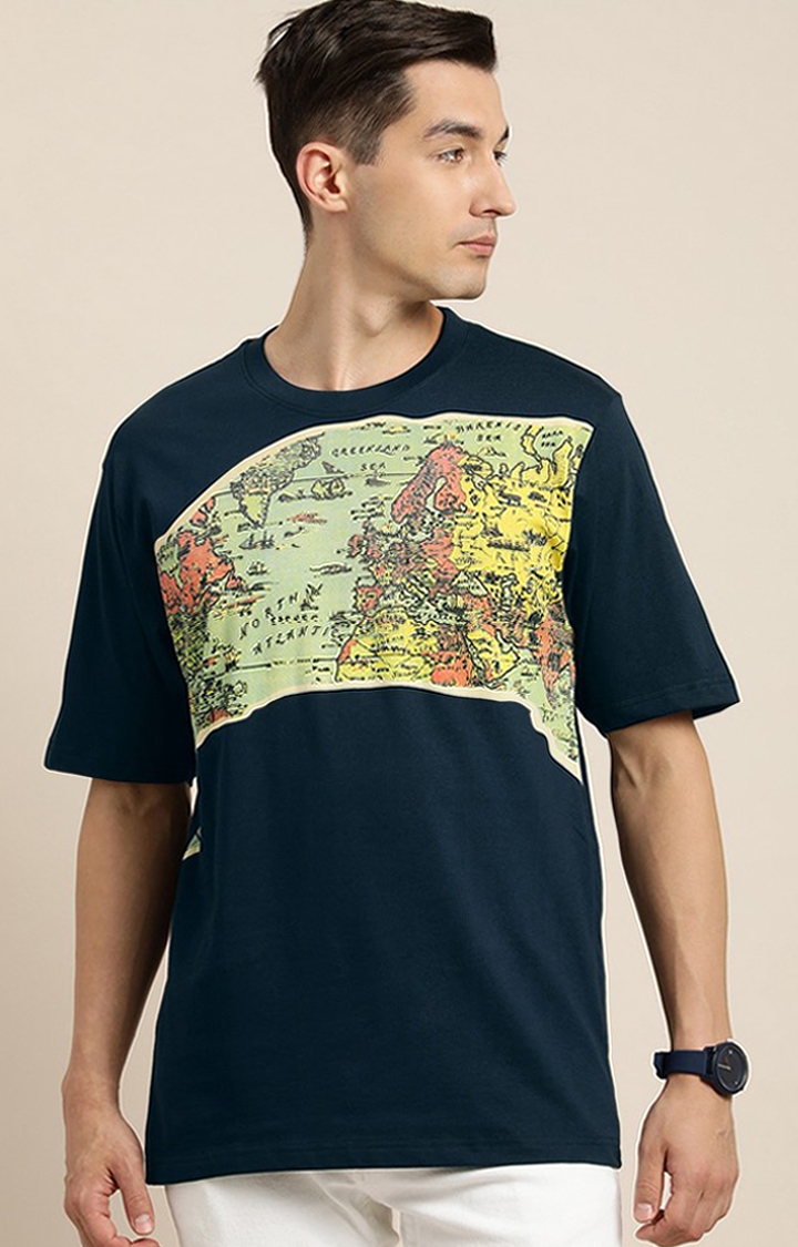 Men's Navy Cotton Graphic Printed Oversized T-Shirt