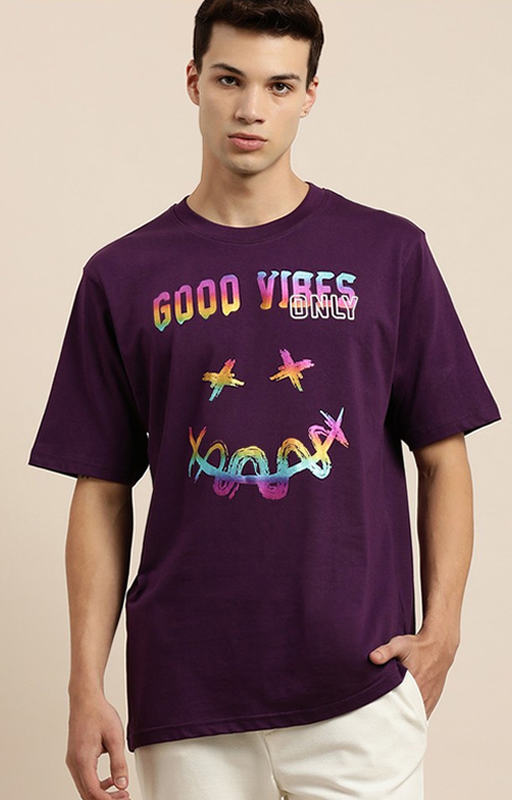 Difference of Opinion | Men's Purple Cotton Typographic Printed Oversized T-Shirt