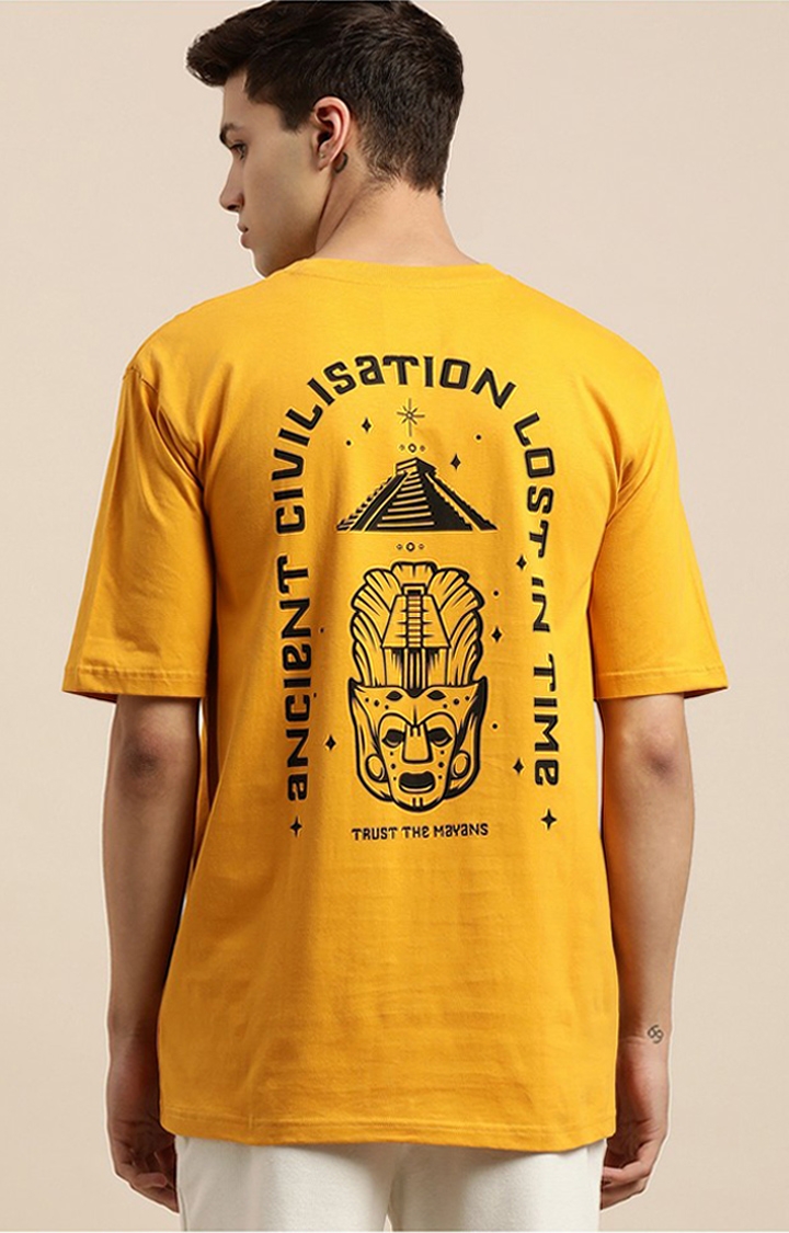 Men's Mustard Cotton Typographic Printed Oversized T-Shirt