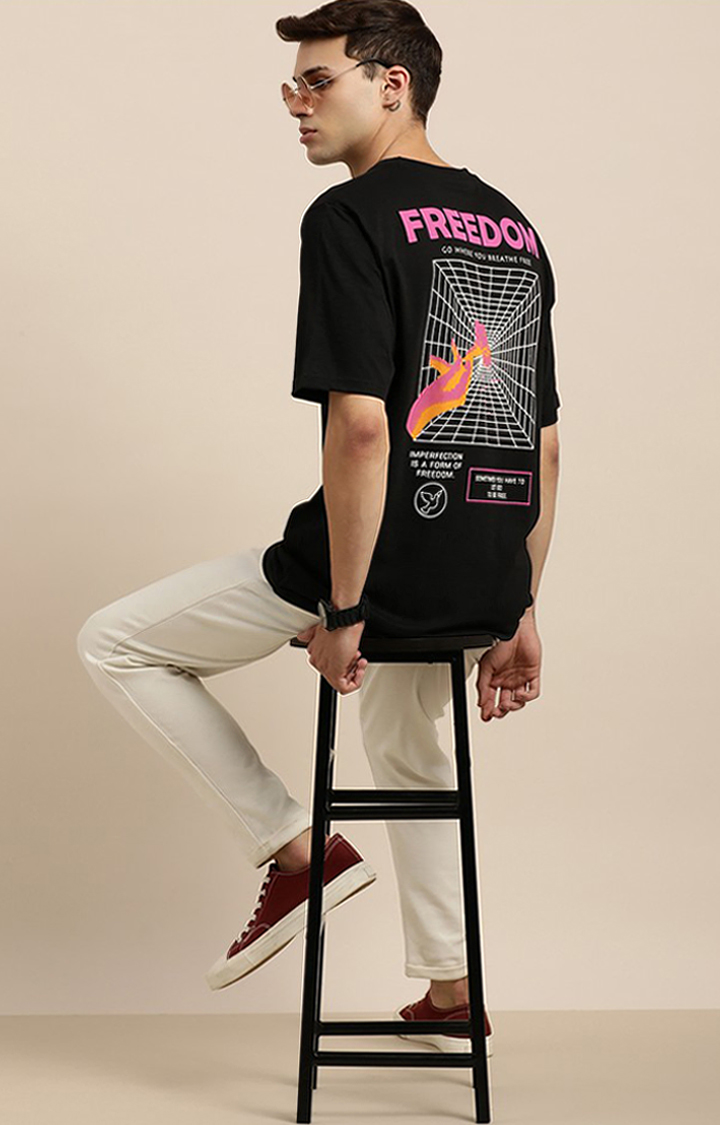 Men's Black Cotton Graphic Printed Oversized T-Shirt