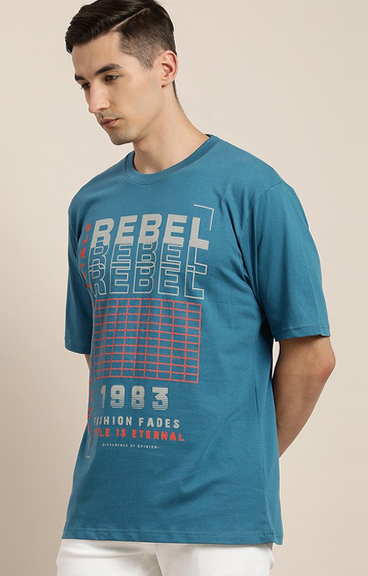 Men's Blue Cotton Typographic Printed Oversized T-Shirt