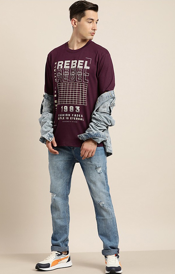 Men's Wine Cotton Typographic Printed Sweatshirt