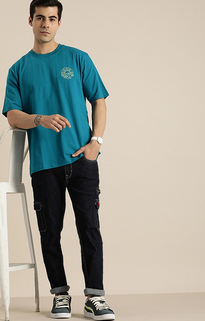 Men's Blue Cotton Graphic Printed Oversized T-Shirt